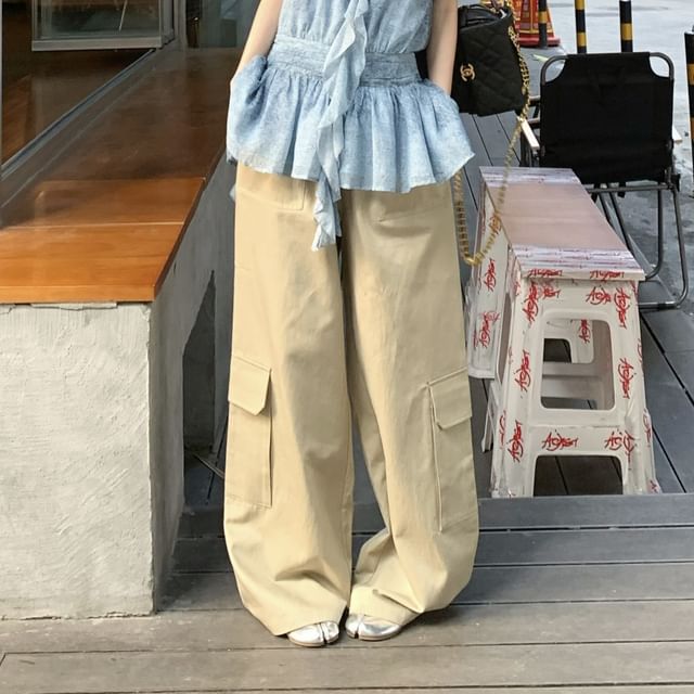 Plain Leg Ruffle Patterned Wide / Pants Halter Print Cargo Waist High Top