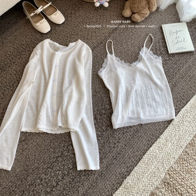 Plain V-Neck Lace Neck Camisole Top Cardigan Knit + Round Trim Set: