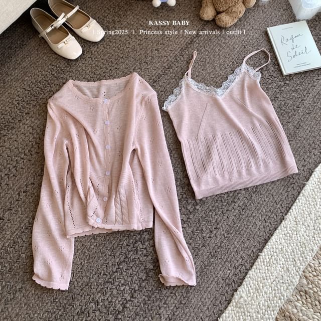 Plain V-Neck Lace Neck Camisole Top Cardigan Knit + Round Trim Set: