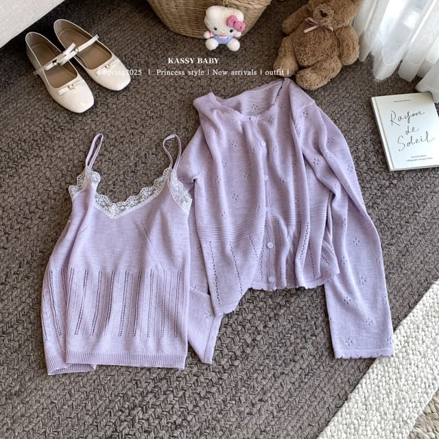 Plain V-Neck Lace Neck Camisole Top Cardigan Knit + Round Trim Set:
