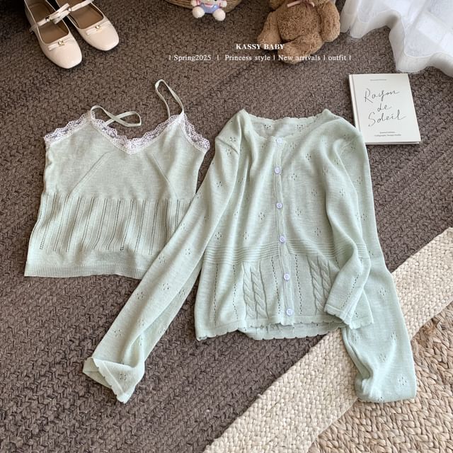 Plain V-Neck Lace Neck Camisole Top Cardigan Knit + Round Trim Set: