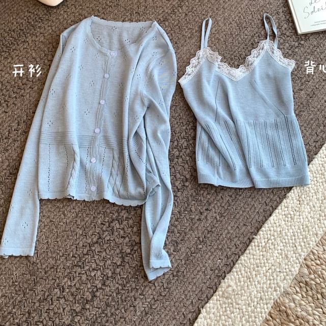 Plain V-Neck Lace Neck Camisole Top Cardigan Knit + Round Trim Set: