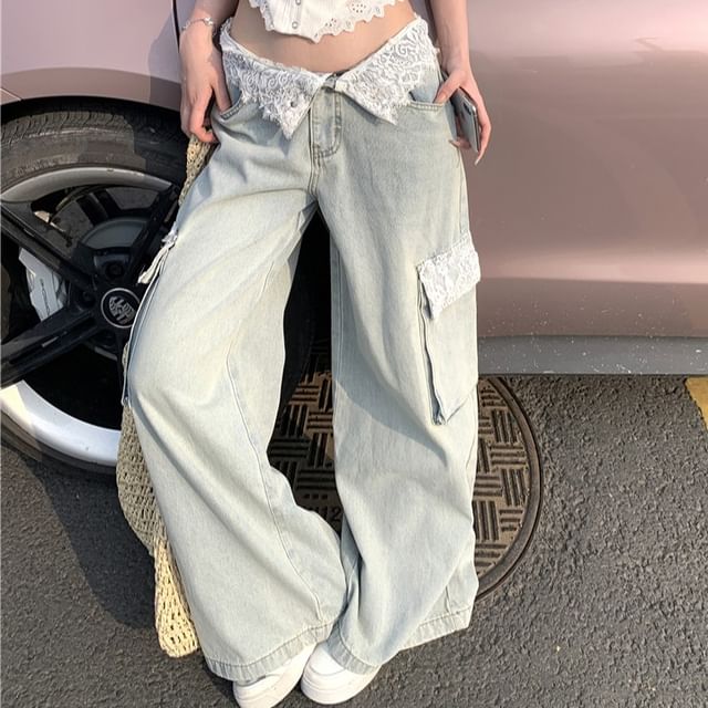 Cargo / Lace Cami Wide Mid Waist Button Plain Top Jeans Washed Panel Leg
