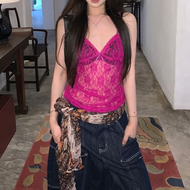 Lace Camisole Bow Plain V-Neck Top