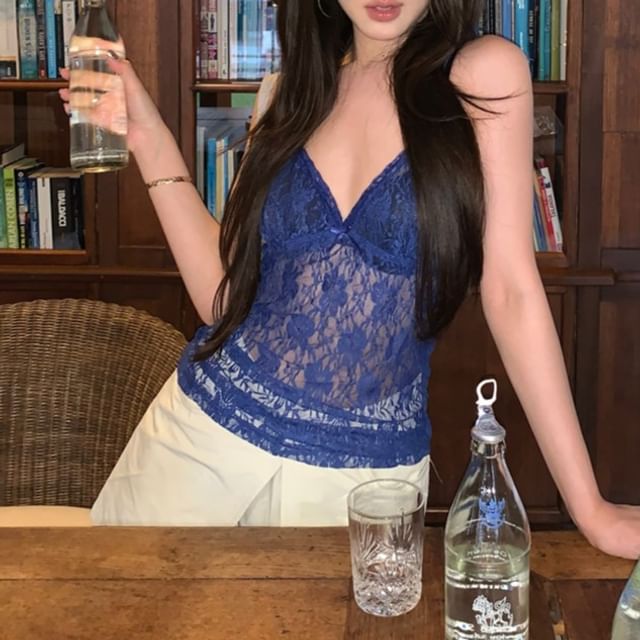 Lace Camisole Bow Plain V-Neck Top