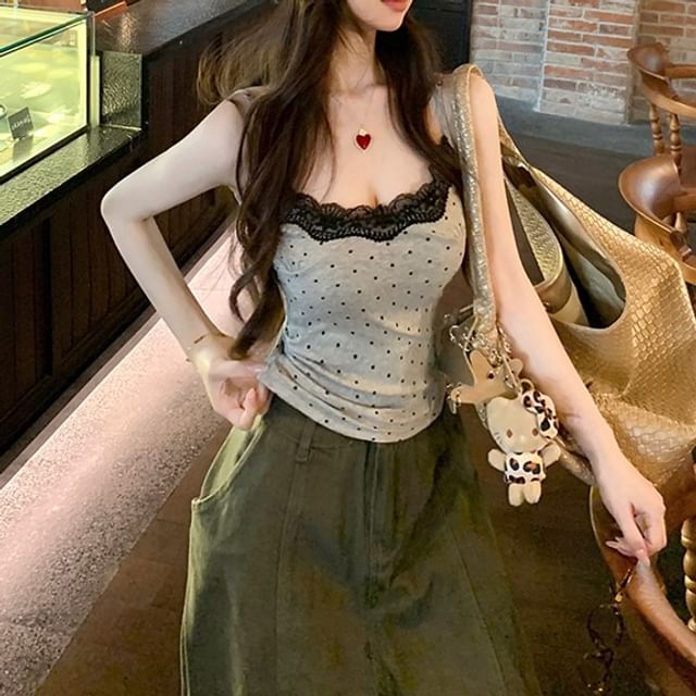 Lace Top Camisole Panel Dotted