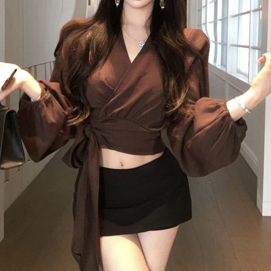 Plain Long Sleeve V-Neck Blouse Crop Wrap