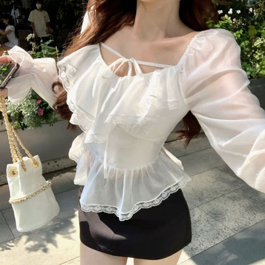 Front Ruffle / Blouse Sleeve Tie Lace Skirt Mini Pencil Long V-Neck Plain Trim