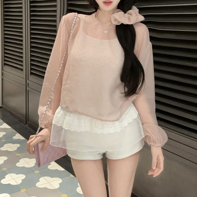 Sheer Crew Neck Top Plain Blouse Sleeve Set: Long Cami +