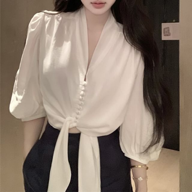 Plain Blouse Elbow Sleeve Tie V-Neck Front