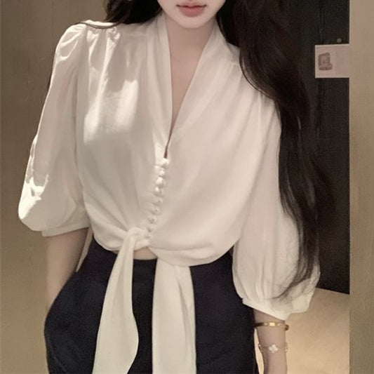 Plain Blouse Elbow Sleeve Tie V-Neck Front