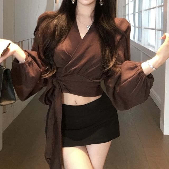 Plain Long Sleeve V-Neck Blouse Crop Wrap