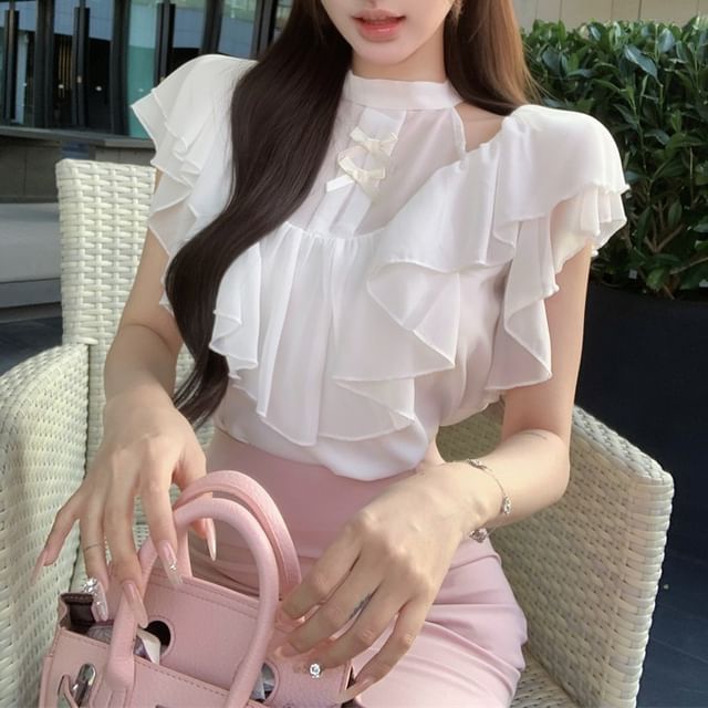 Maxi Neck Ruffle Blouse Rise Fishtail / Bow Cap Skirt Sleeve Panel Plain High Mock