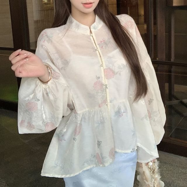 Fishtail / Plain Floral Print Jacquard Sleeve Skirt Peplum Maxi Set Camisole Long Waist Collar Blouse Stand High