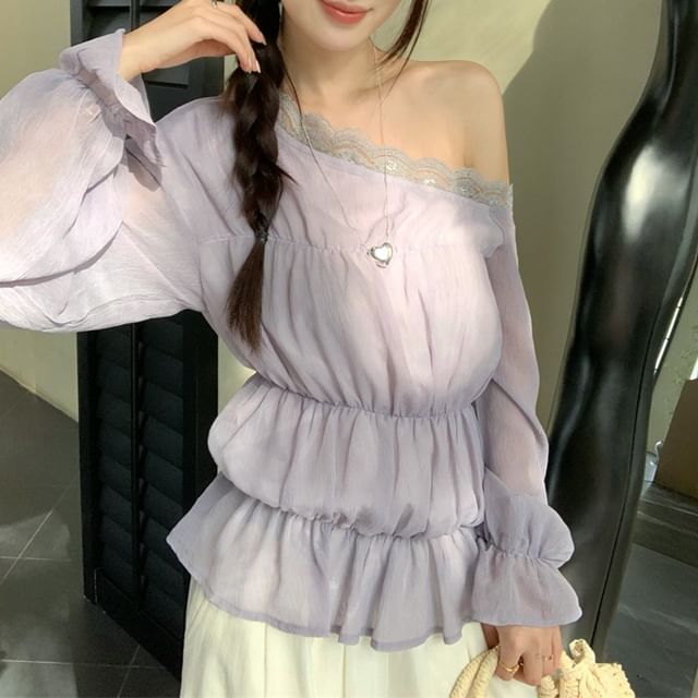 Panel Shoulder Lace Long Sleeve One Trim Blouse Plain