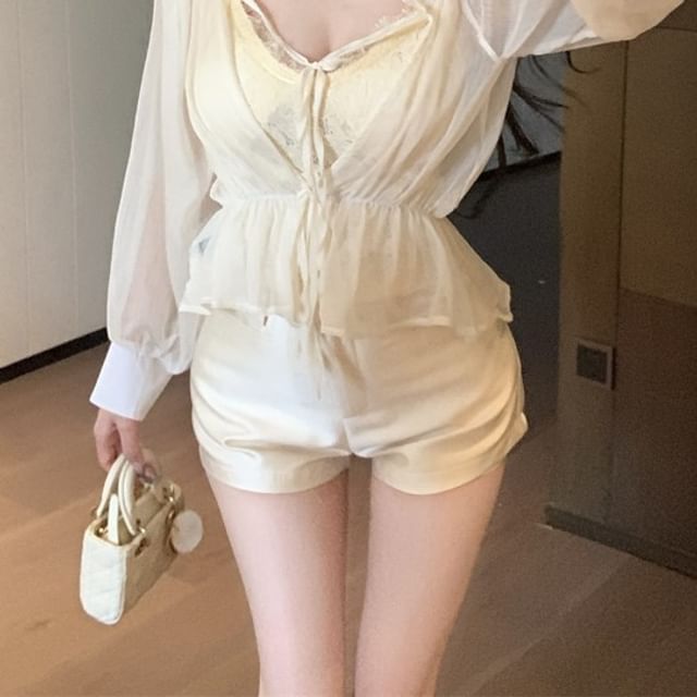 Tie High Front Shorts Waist Shoulder Cami Satin Sleeve Plain Lace Top Off Long V-Neck /