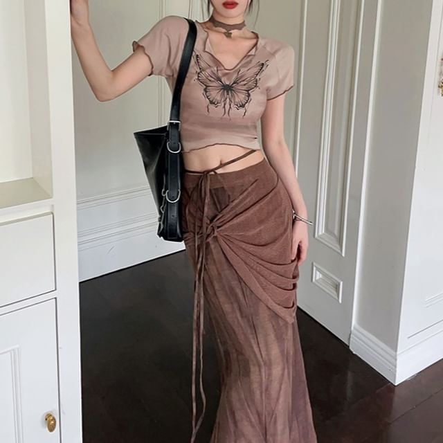 Skirt Maxi Butterfly Waist Mid Sleeve V-Neck Tee Pencil Tie-Up Crop / Short Print