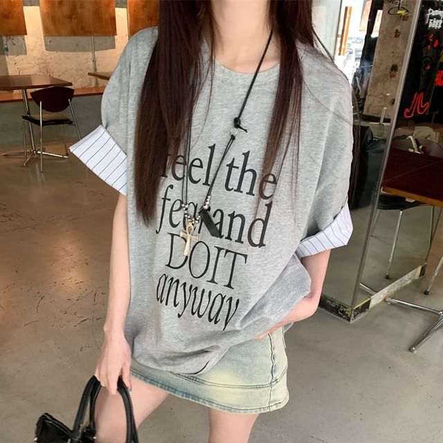 Panel Striped Short Lettering Print T-Shirt Sleeve Round Neck