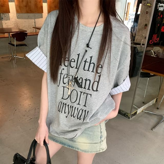 Panel Striped Short Lettering Print T-Shirt Sleeve Round Neck