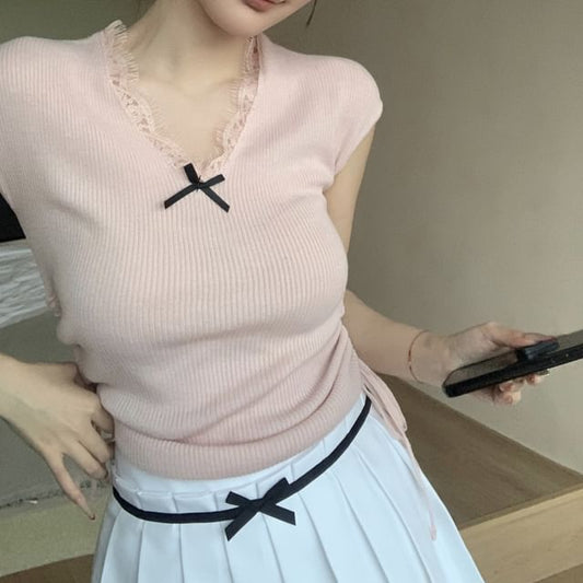 Trim Cap Bow Lace Sleeve V-Neck Top Knit Plain