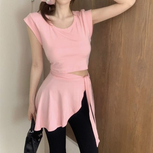 Waist High Asymmetrical / Crew Plain Two Flared Neck Piece Pants Sleeve Cap Mock T-Shirt