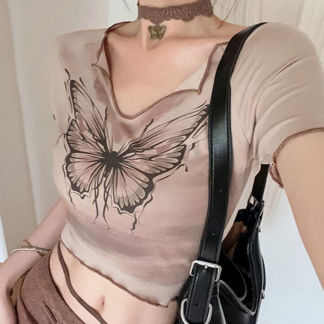 Skirt Maxi Butterfly Waist Mid Sleeve V-Neck Tee Pencil Tie-Up Crop / Short Print