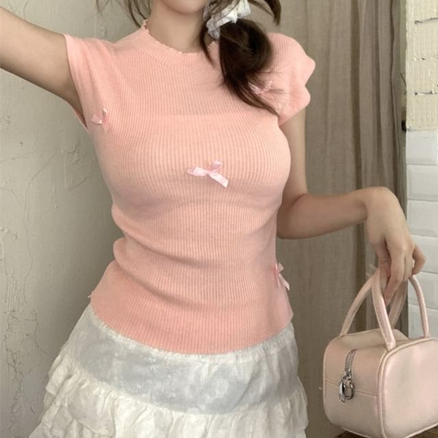 Sleeve Bow Knit Cap Neck Top Crew