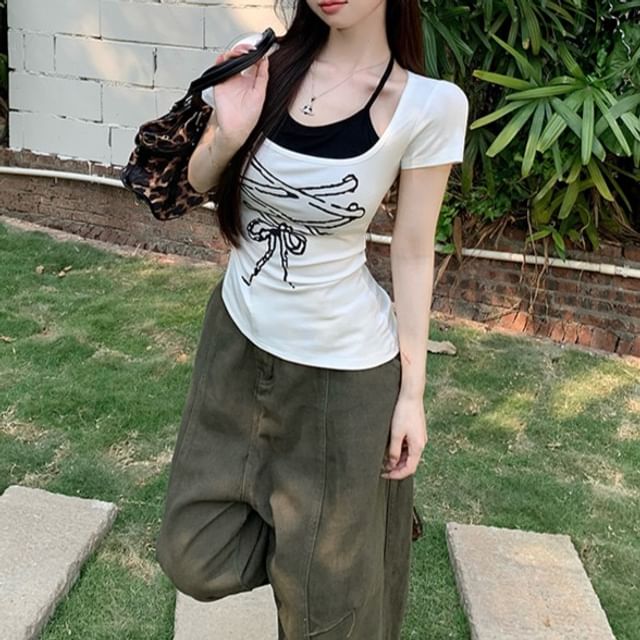 Two Print Patterned Mock Short Tee Piece Sleeve Asymmetrical