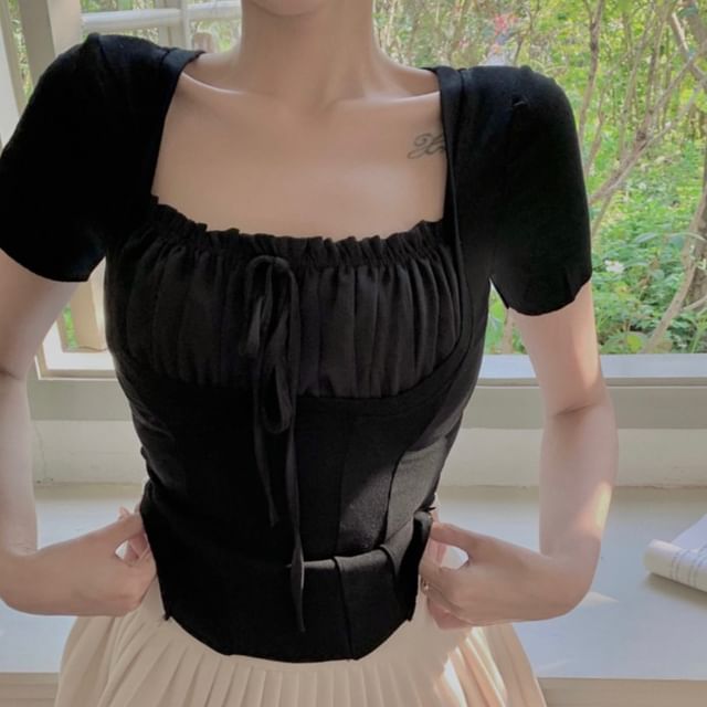 Square Ruched Sleeve Plain Mock Top Neck Short Piece Two