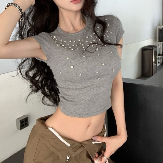Crewneck Tee Crop Short-Sleeve Rhinestone