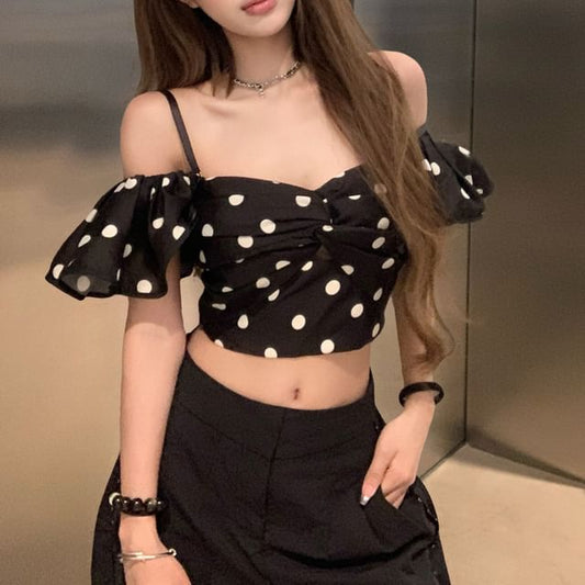 Short-Sleeve Cold Shoulder Crop Top Dotted