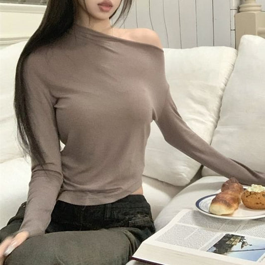 Plain Long-Sleeve Off Crop Top Shoulder