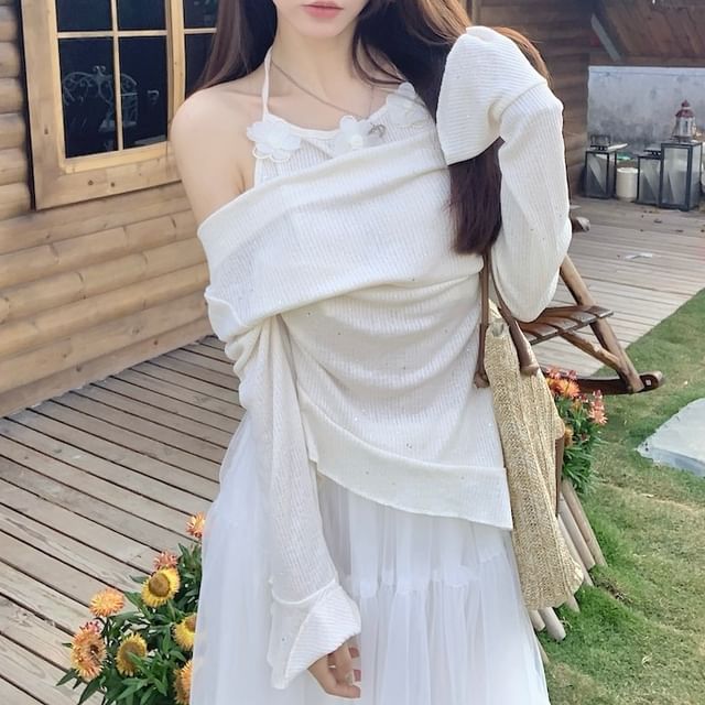 High Mock Maxi Rise Skirt A-Line Two-Piece Top Long-Sleeve Plain /