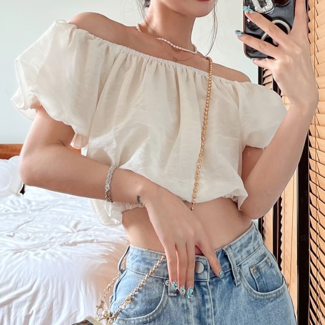 Off Puff-Sleeve Crop Plain Shoulder Blouse