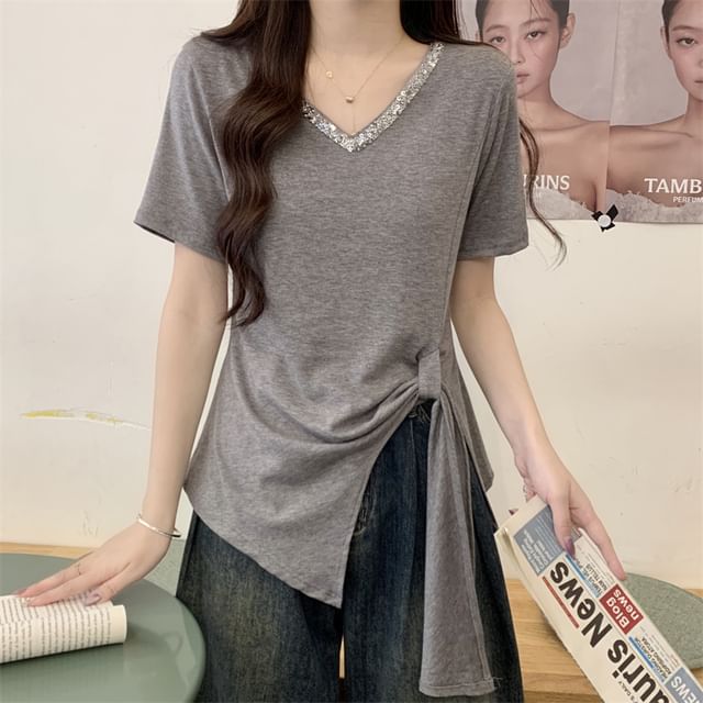 Trim Short-Sleeve Asymmetrical Lace Top Plain V-Neck