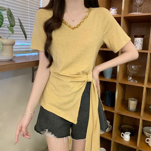 Trim Short-Sleeve Asymmetrical Lace Top Plain V-Neck