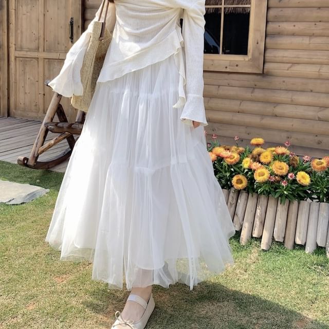 High Mock Maxi Rise Skirt A-Line Two-Piece Top Long-Sleeve Plain /