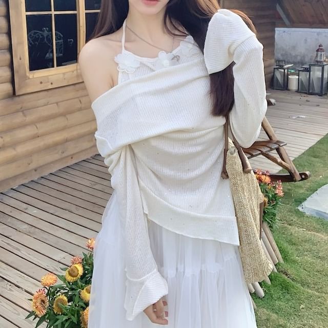 High Mock Maxi Rise Skirt A-Line Two-Piece Top Long-Sleeve Plain /