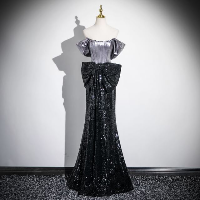 Short-Sleeve Off-Shoulder Sequin Bow Accent Mermaid Evening Gown