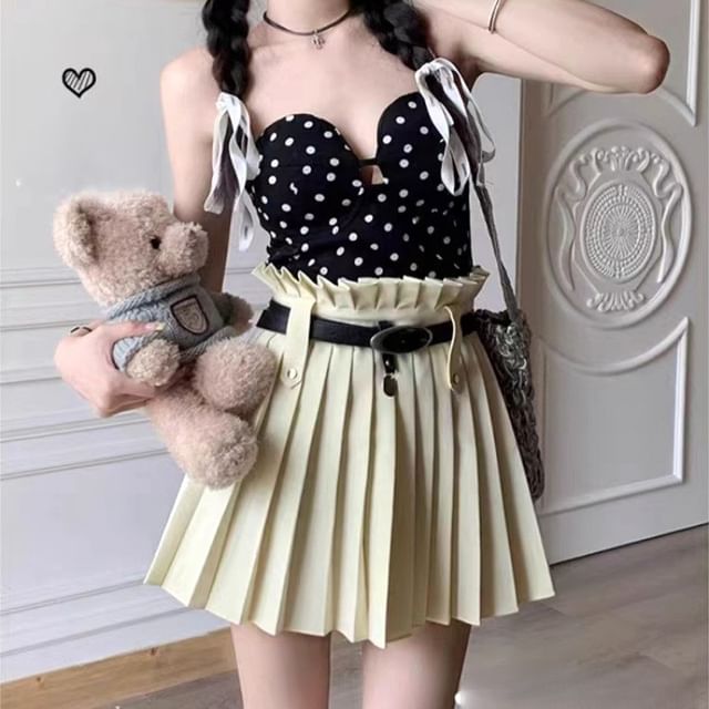 Pleated High Rise A-Line Belted Mini Plain Skirt