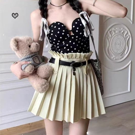 Pleated High Rise A-Line Belted Mini Plain Skirt