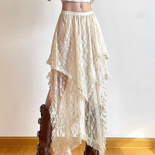 Rise Lace Skirt Plain Midi A-Line High