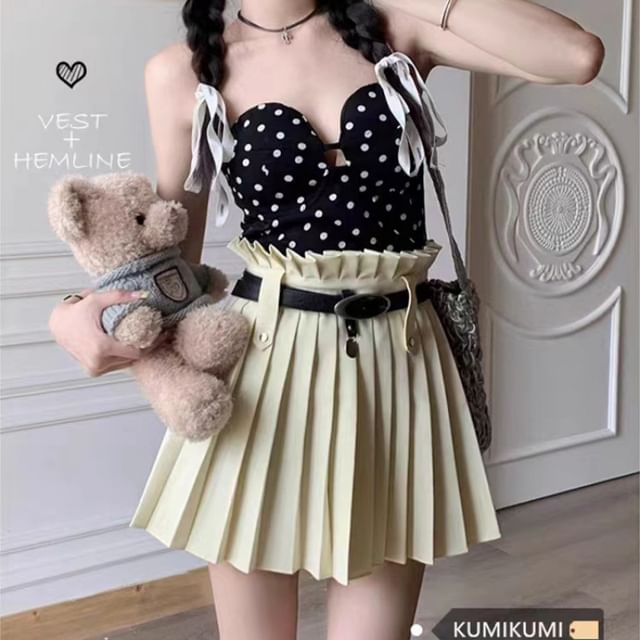 Pleated High Rise A-Line Belted Mini Plain Skirt