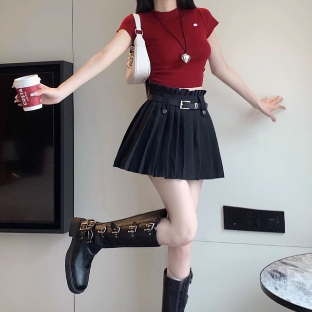 Pleated High Rise A-Line Belted Mini Plain Skirt