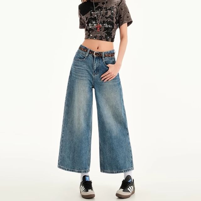 Leg Wide Cropped Washed Rise Mid Jeans