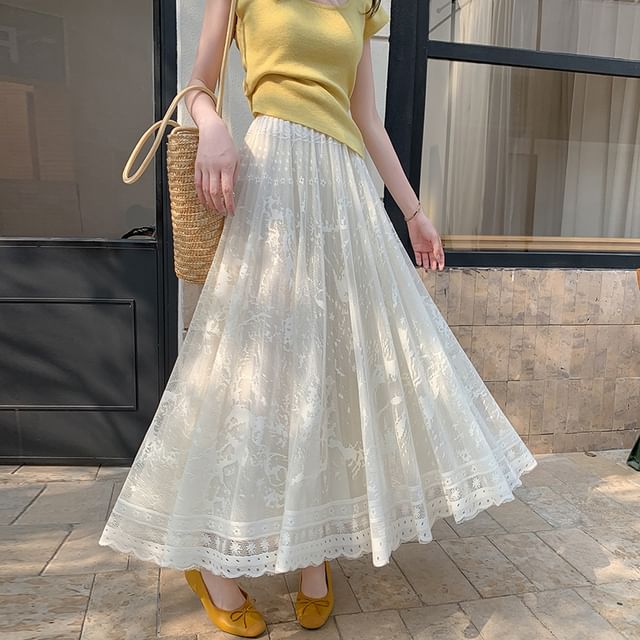 Lace Skirt High Waist A-Line Midi