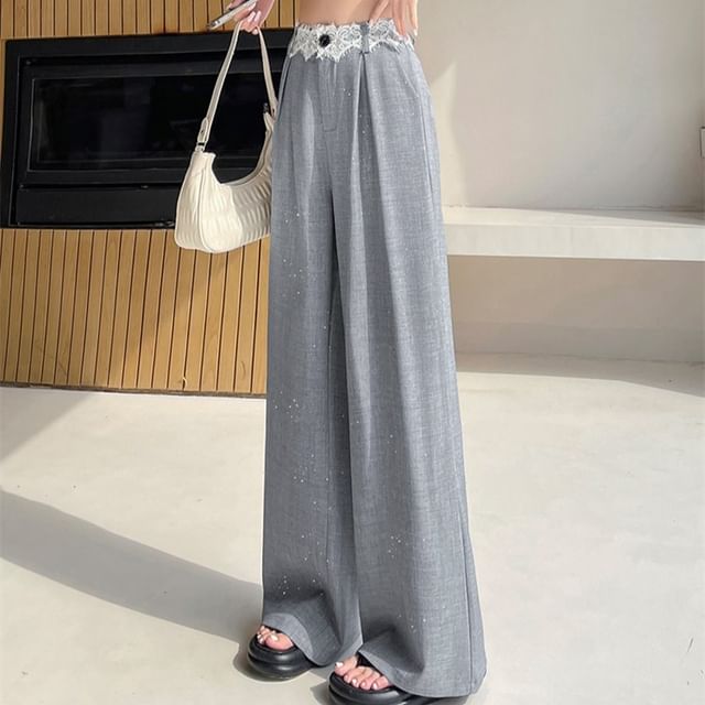 Glitter Panel Leg High Rise Slacks Designs) Lace (Various Wide