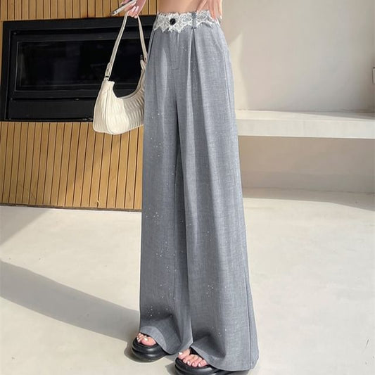 Glitter Panel Leg High Rise Slacks Designs) Lace (Various Wide