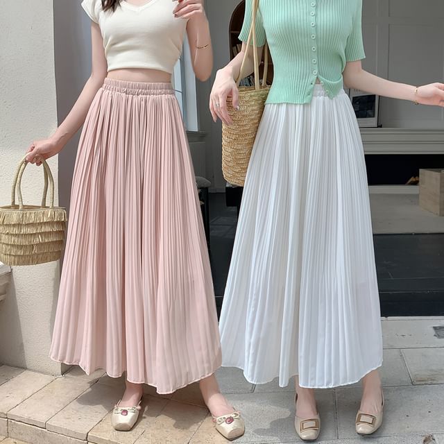 A-Line Skirt Rise Pleated Midi Plain High