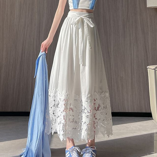 A-Line Panel Waist Lace Plain Midi High Skirt